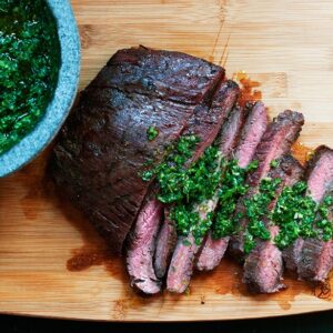 Chimmy Churri Flank Steak with Roast Potatoes and Seasonal Veggies