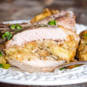 Stuffed Pork Chops, Mashed Potatoes & Gravy, Seasonal Vegetables