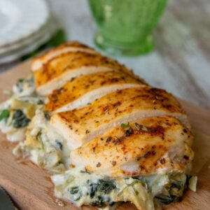 Spinach Artichoke Stuffed Chicken Breast w/ Rice Pilaf and Seasonal Vegetables