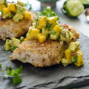 Macadamia Nut Crusted Mahi Mahi w/ Pineapple Salsa, Coconut Sticky Rice and Stirfry Veggies