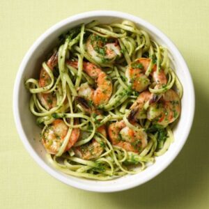 Shrimp Pesto Linguini with Garlic Bread