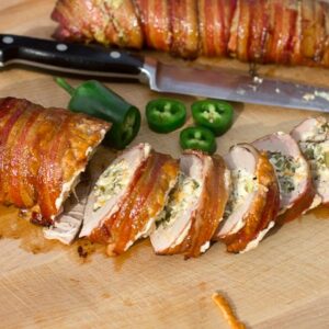 Jalapeno Popper Stuffed Bacon Wrapped Pork Tenderloin, Roast Potatoes, Seasonal Vegetables
